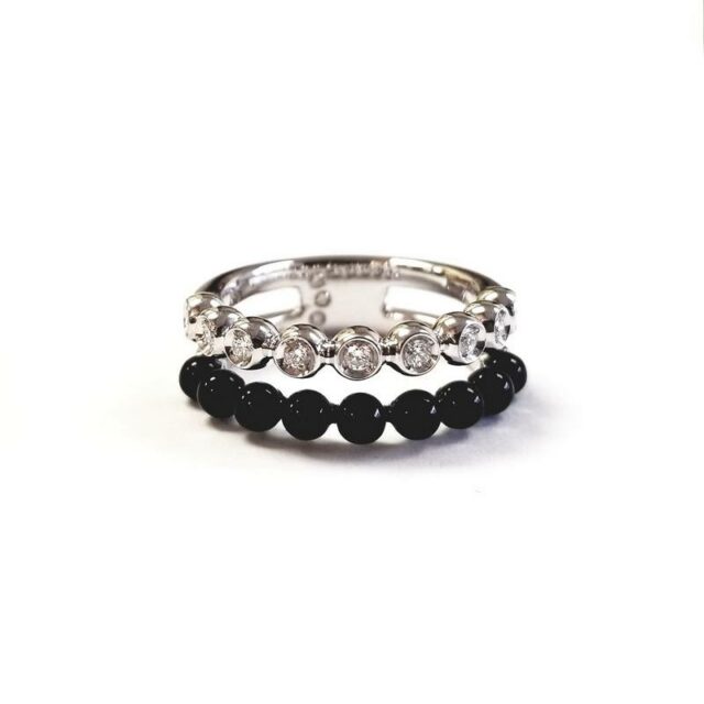 Casato 18K White Gold Double Band Black and White Diamond Bezel Ring