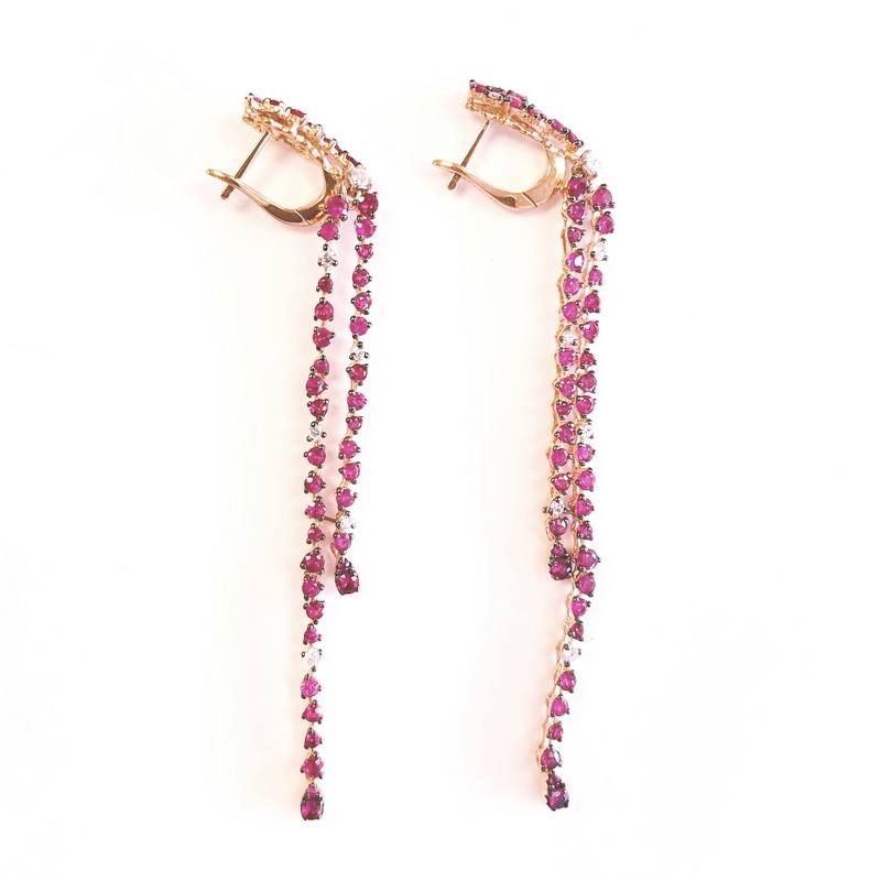Casato Miss Chi Collection 18K Rose Gold Long Hanging Earrings With Diamonds And Rubies