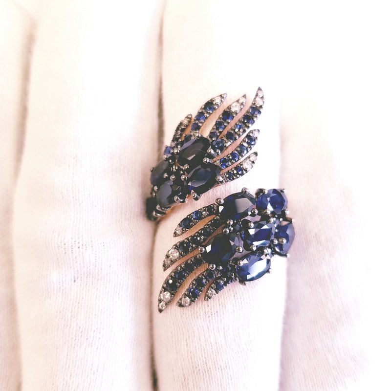Casato Noor Collection 18K Rose Gold Blue Sapphire Feathers Ring with Genuine Diamonds