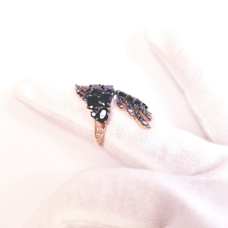 Casato Noor Collection 18K Rose Gold Blue Sapphire Feathers Ring with Genuine Diamonds