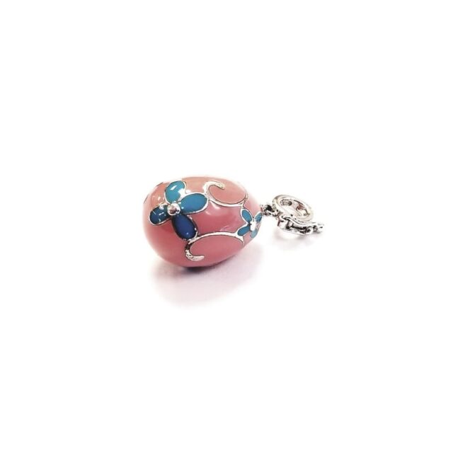 Coral Enamel Covered Sterling Silver Egg Charm with Blue Flower Embellishments