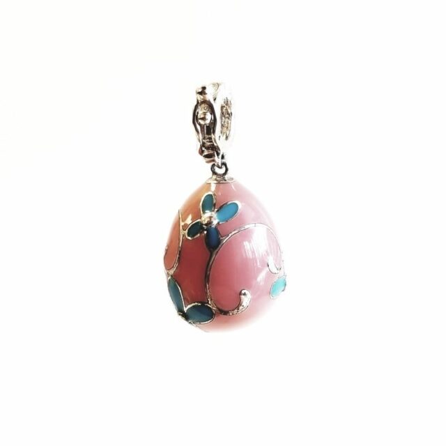 Coral Enamel Covered Sterling Silver Egg Charm with Blue Flower Embellishments