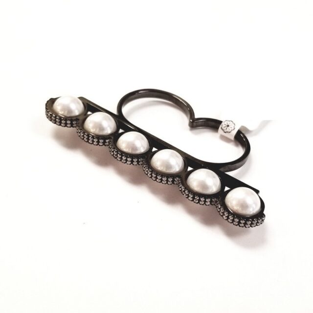 Cristina Sabatini Black Rhodium Two Finger Ring with Pearls