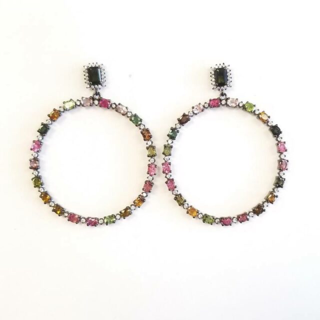 Cristina Sabatini Rhodium Plated Silver Multicolored Tourmaline Hoop Earrings