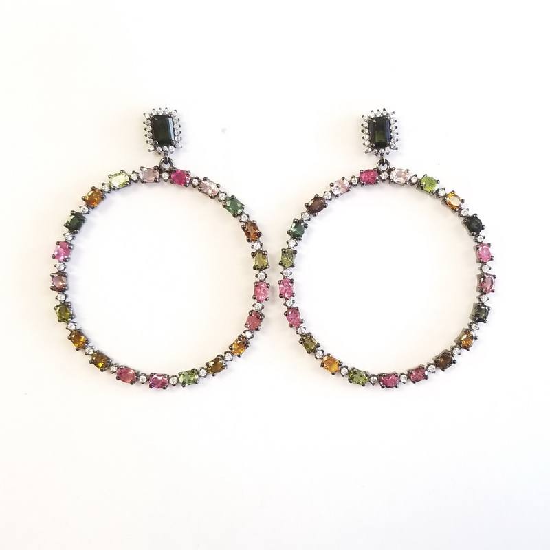 Cristina Sabatini Rhodium Plated Silver Multicolored Tourmaline Hoop Earrings