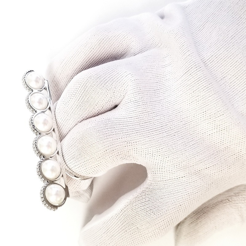 Cristina Sabatini Rhodium Plated Sterling Silver Two Finger Ring with Pearls