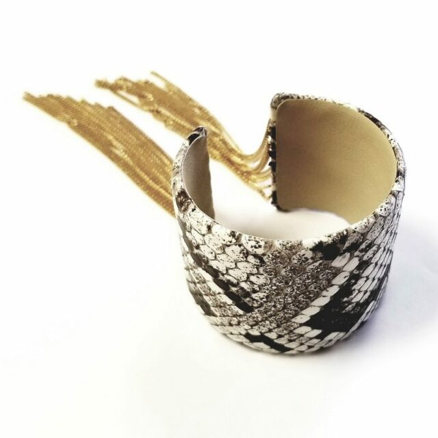 Cristina Sabatini Snake and Stingray Skin Bangle Bracelet with Fringe Chains