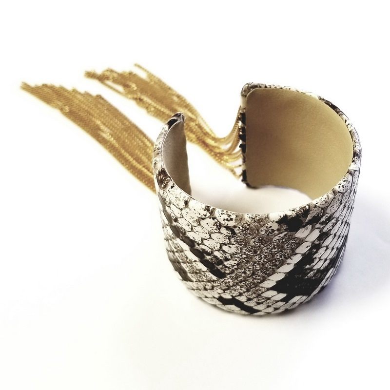 Cristina Sabatini Snake and Stingray Skin Bangle Bracelet with Fringe Chains