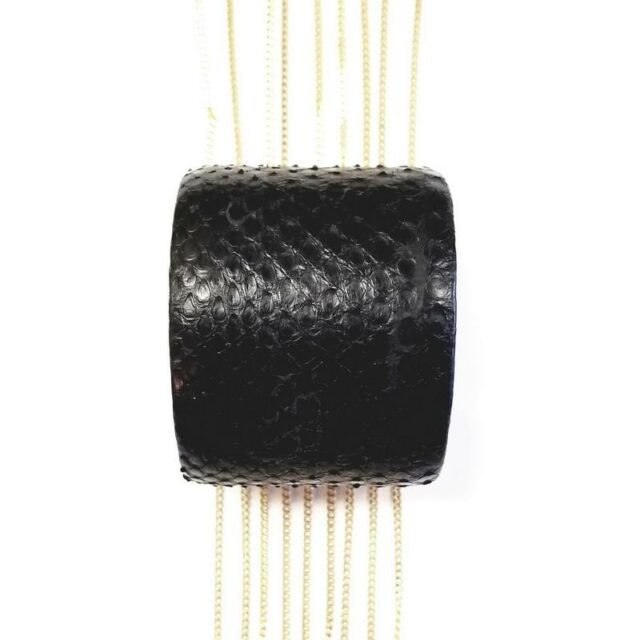 Cristina Sabatini Snake and Stingray Skin Black Bangle Bracelet with Fringe Chains