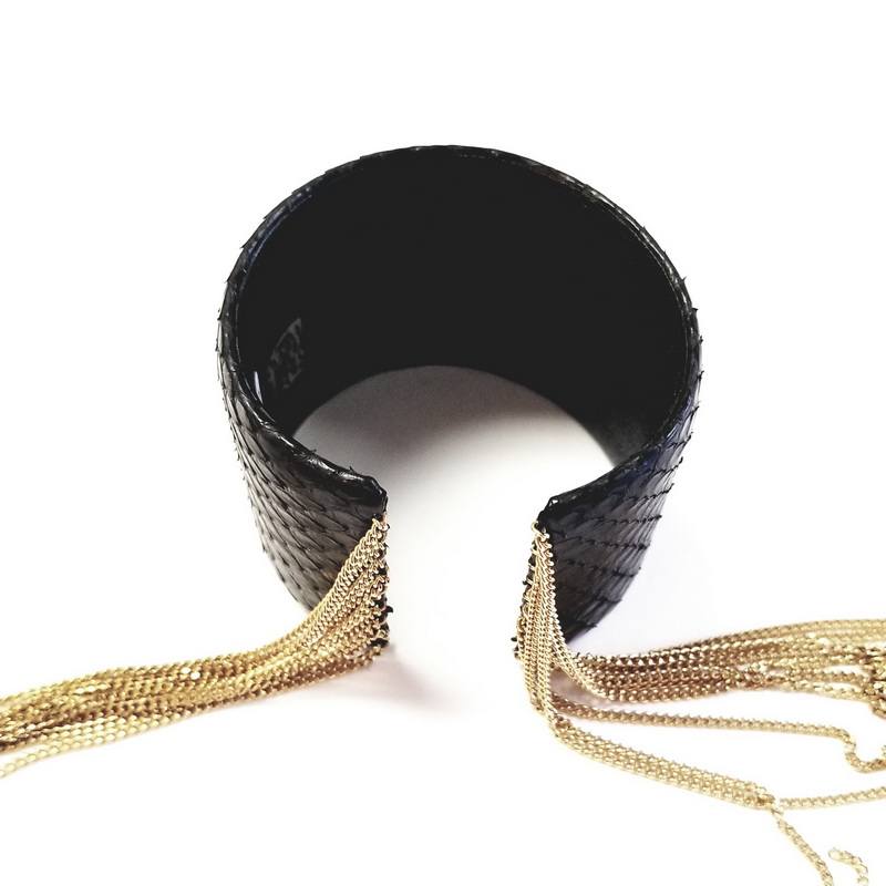Cristina Sabatini Snake and Stingray Skin Black Bangle Bracelet with Fringe Chains