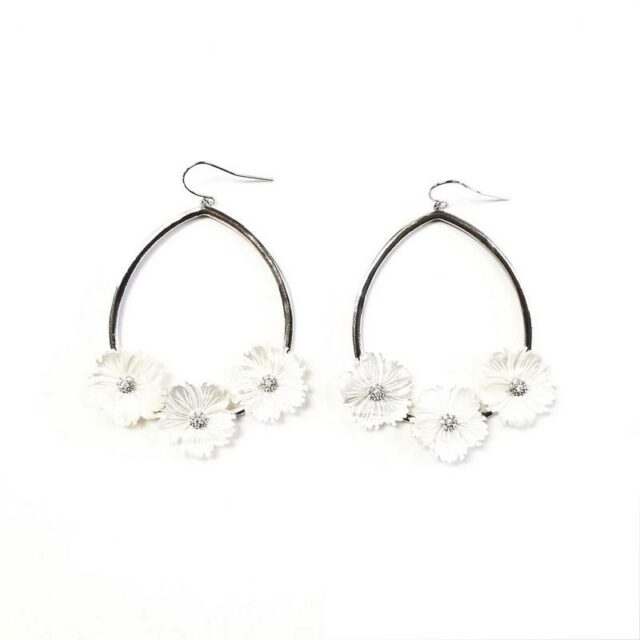 Silver Triple Flower Earrings With Pearl And Crystal