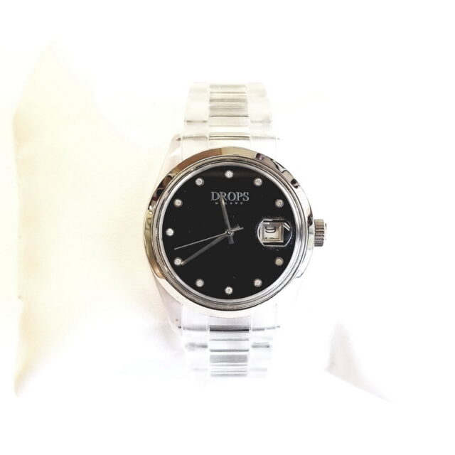 Drops Milano Silver and Black Plastic Quartz Watch with Clear Band