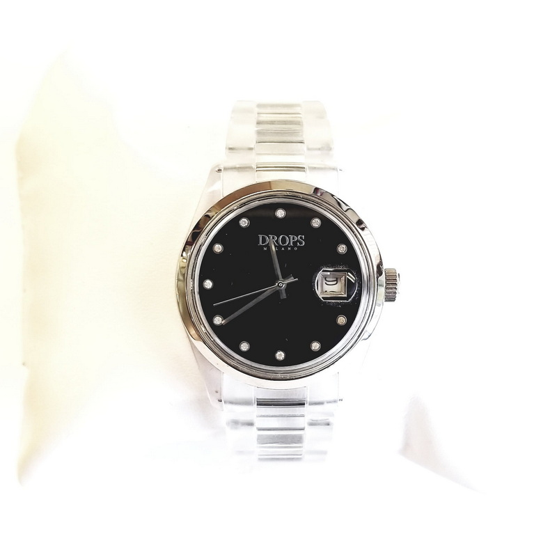 Drops Milano Silver and Black Plastic Quartz Watch with Clear Band