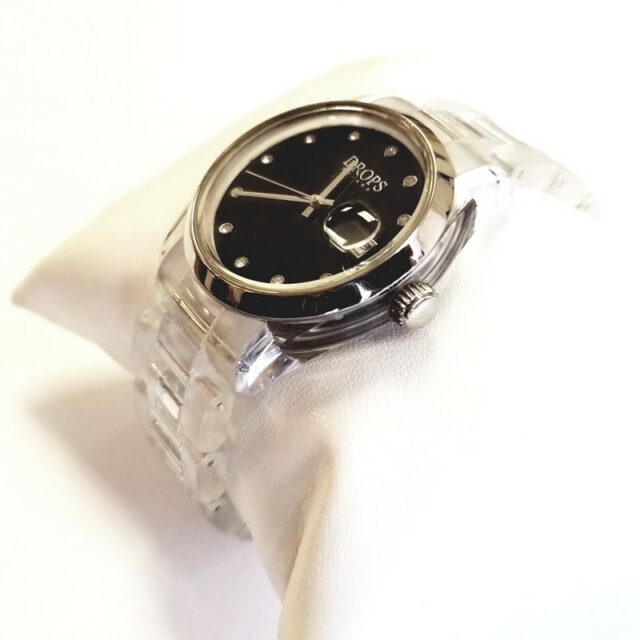 Drops Milano Silver and Black Plastic Quartz Watch with Clear Band