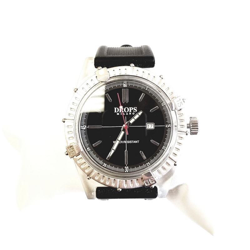 Drops Milano Silver Plastic Quartz Watch with Black Clock Face and Black Band