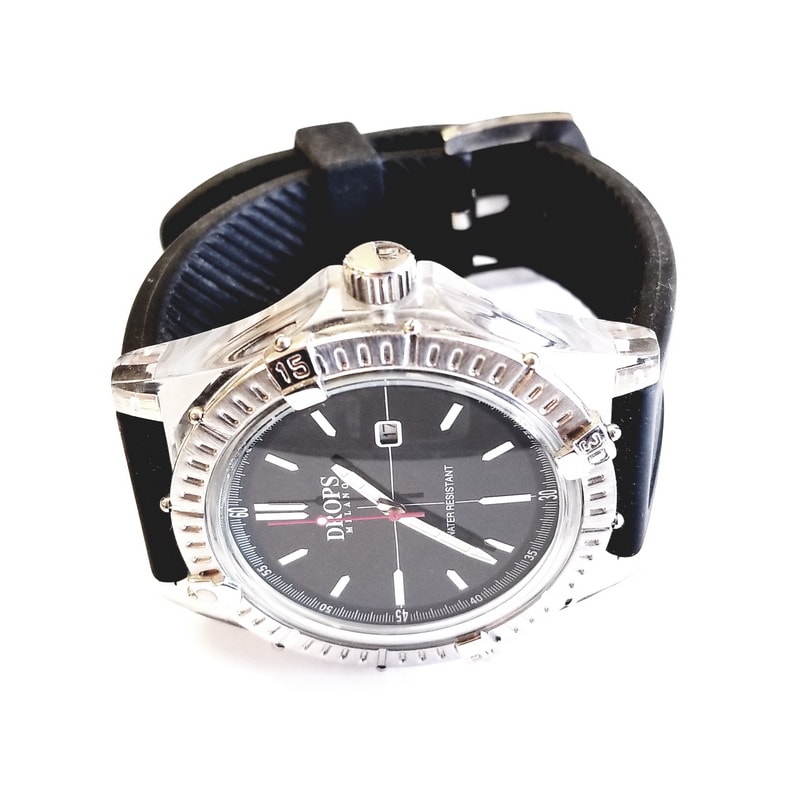 Drops Milano Silver Plastic Quartz Watch with Black Clock Face and Black Band