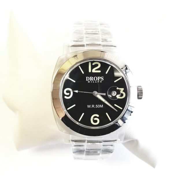 Drops Milano Silver Plastic Quartz Watch with Numbered Clock Face and Clear Band