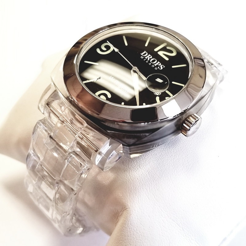 Drops Milano Silver Plastic Quartz Watch with Numbered Clock Face and Clear Band