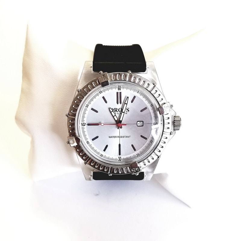 Drops Milano Silver Plastic Quartz Watch with White Clock Face and Black Band