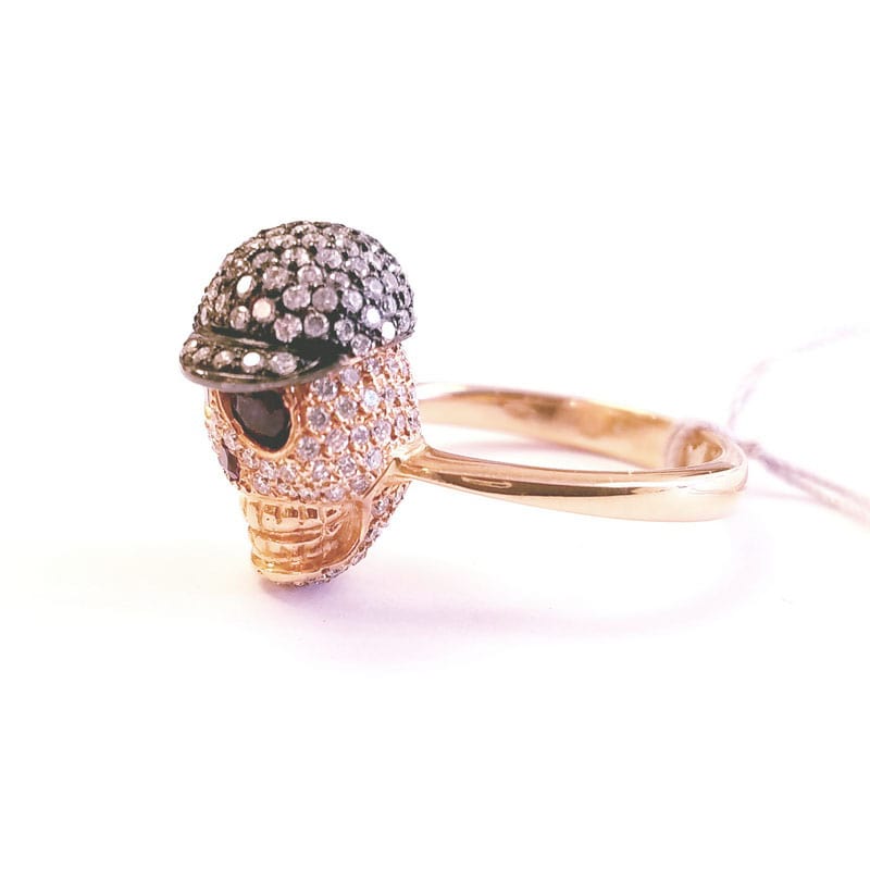 Gioielli D’Amo 18K Rose Gold Pave Skull Ring with Ruby and Diamonds