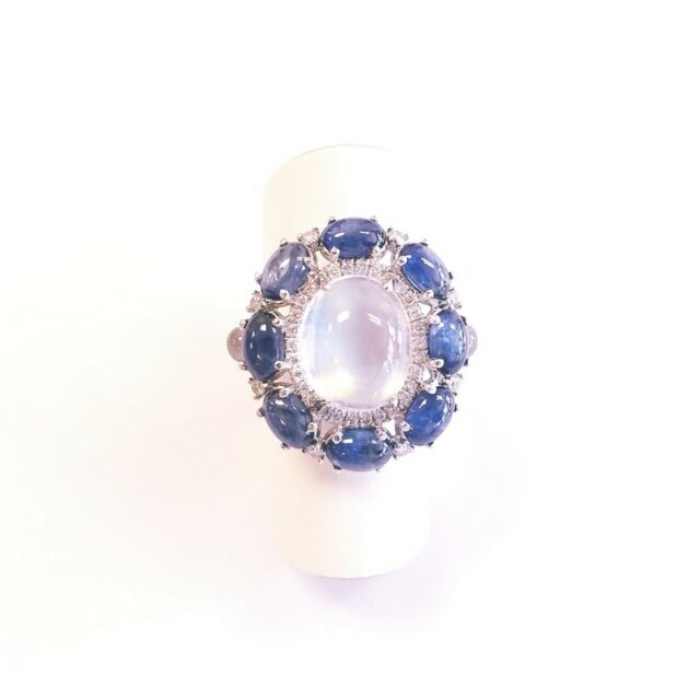 Gioielli D’Amo 18K White Gold Cocktail Moonstone Ring with Diamonds and Blue Sapphires