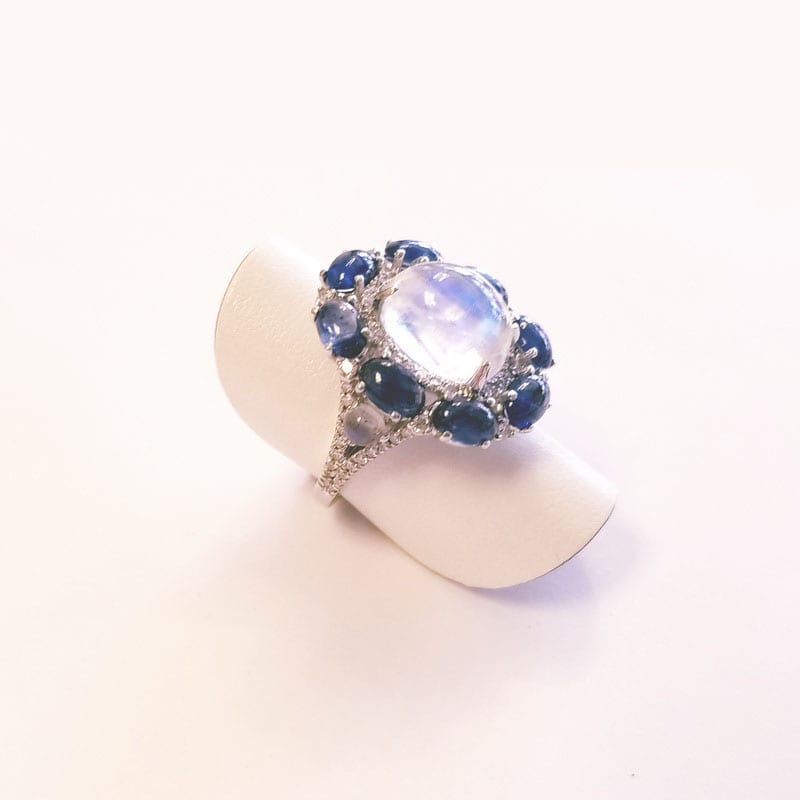 Gioielli D’Amo 18K White Gold Cocktail Moonstone Ring with Diamonds and Blue Sapphires