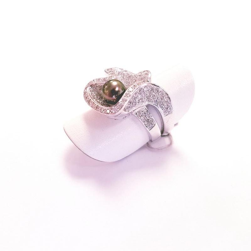 Gioielli D’Amo 18K White Gold Large Pave Cocktail Ring with Black South Sea Pearl and Diamonds