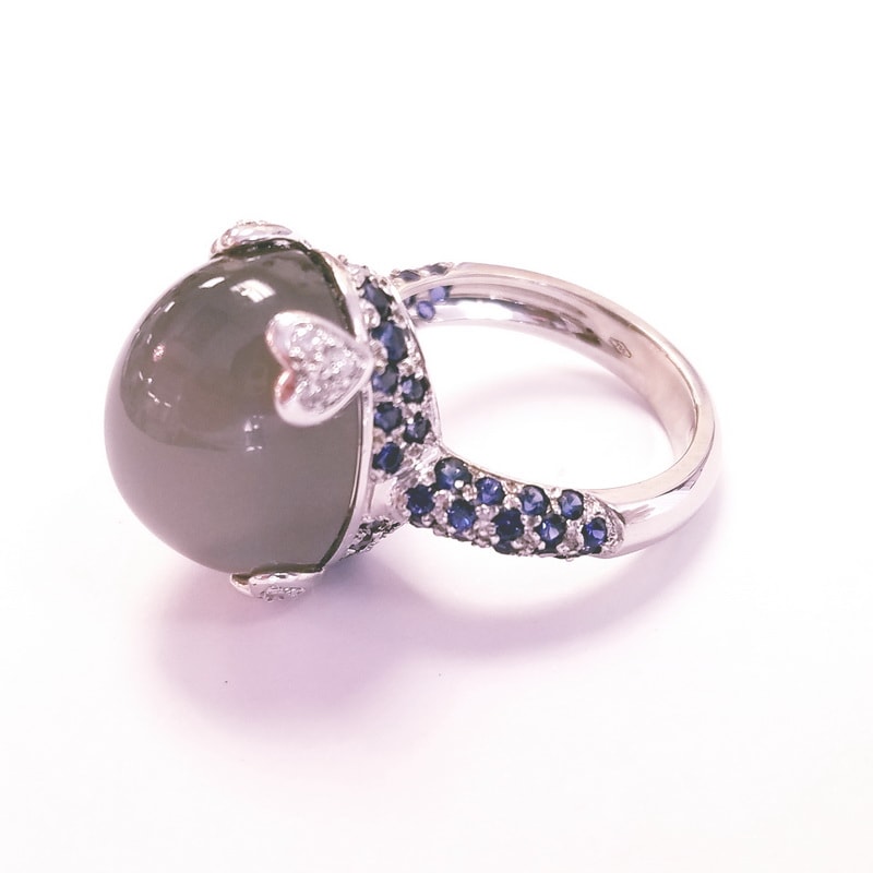 Gioielli D’Amo 18K White Gold Moonstone Cocktail Ring with Diamonds and Sapphire