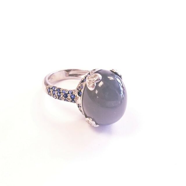 Gioielli D’Amo 18K White Gold Moonstone Cocktail Ring with Diamonds and Sapphire