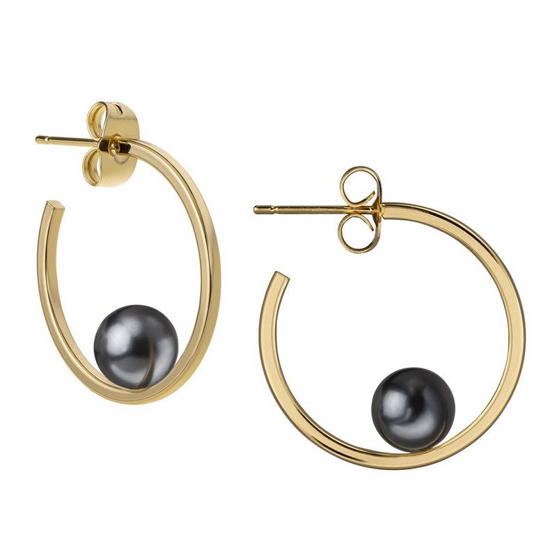 Janis Savitt 18K Yellow Gold Plated Brass Small Hoop Earrings With Dark Gray Pearl
