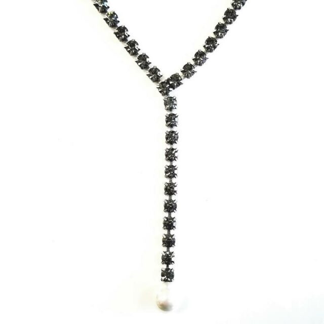 Janis Savitt Brass Lariat Crystal Necklace with Pearl