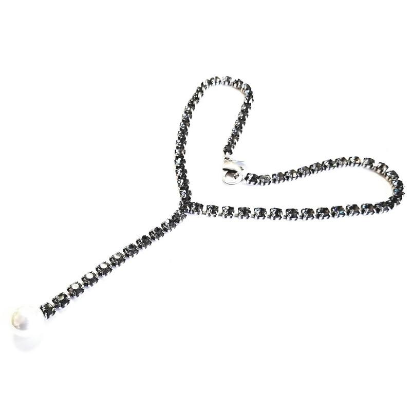 Janis Savitt Brass Lariat Crystal Necklace with Pearl