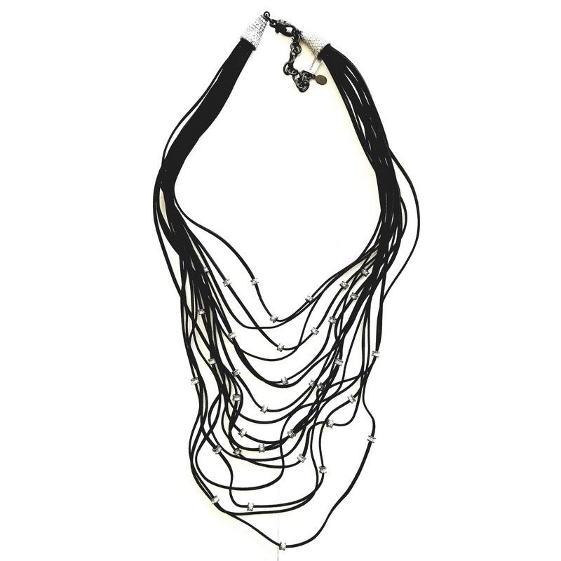 KMO Paris Long Black Leather Cluster Strap Necklace with Beads