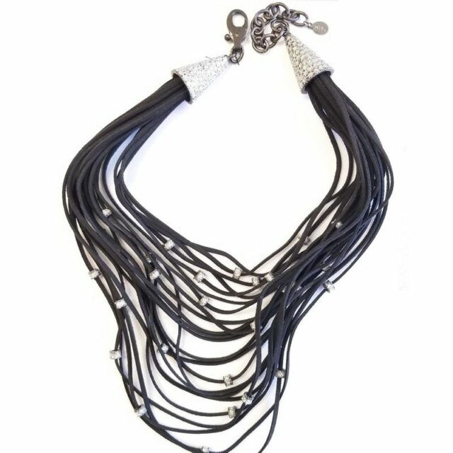 KMO Paris Short Black Leather Cluster Strap Necklace with Beads