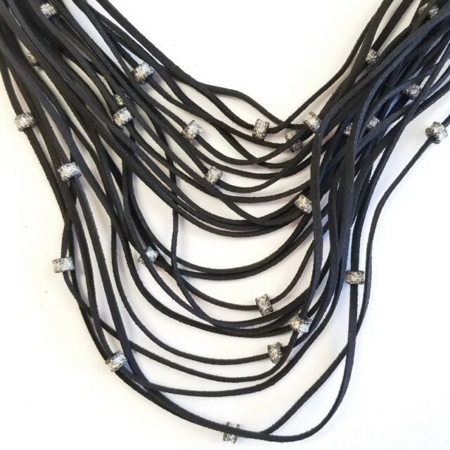 KMO Paris Short Black Leather Cluster Strap Necklace with Beads