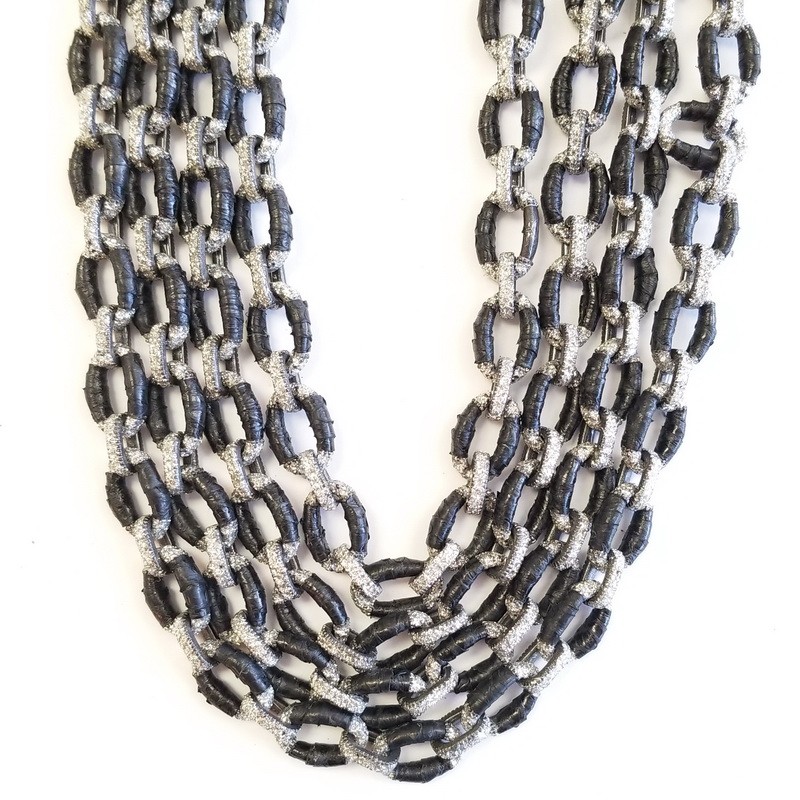 KMO Paris Silver Multi Chain Necklace with Black Wrapping