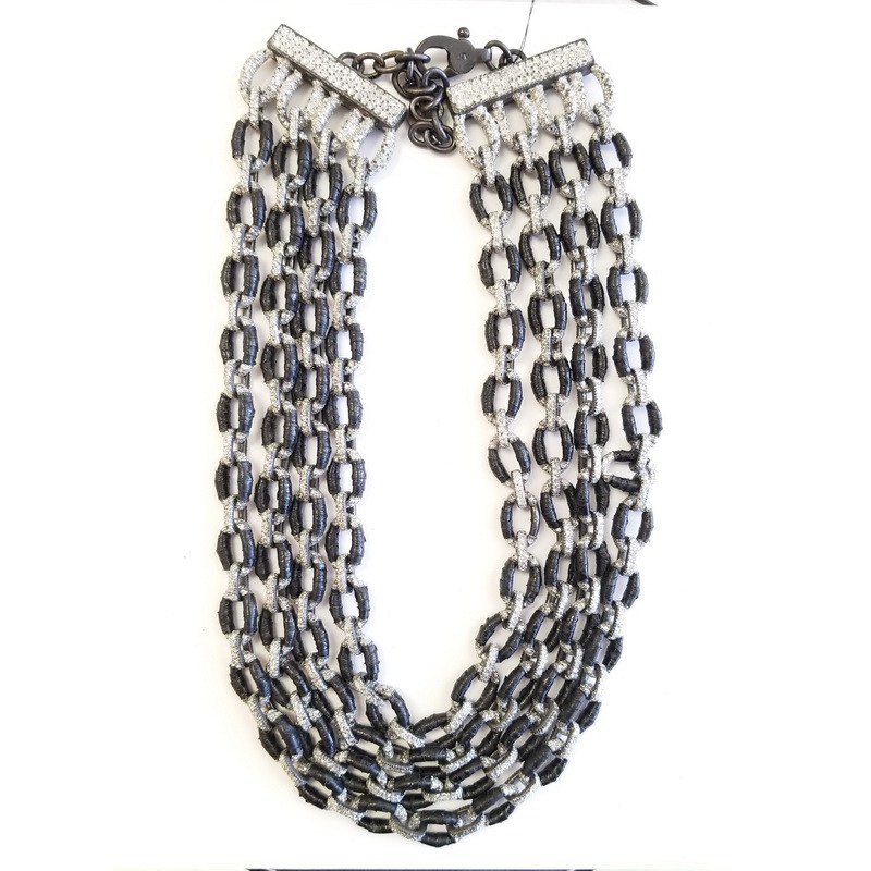 KMO Paris Silver Multi Chain Necklace with Black Wrapping