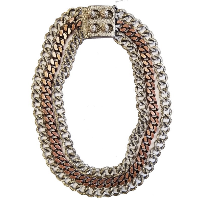 KMO Paris Silver Triple Chain Necklace with Central Copper Chain