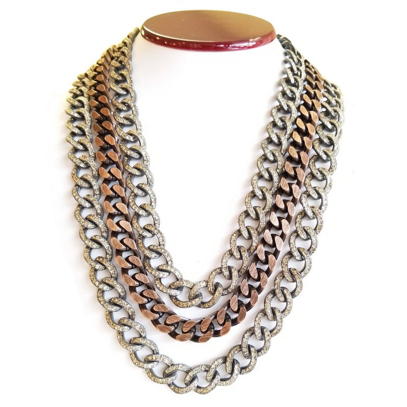 KMO Paris Silver Triple Chain Necklace with Central Copper Chain