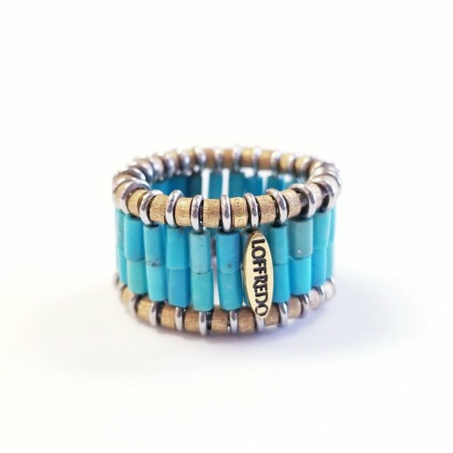 Loffredo 18K Yellow Gold and Stainless Steel Stretchable Band Ring with Natural Turquoise