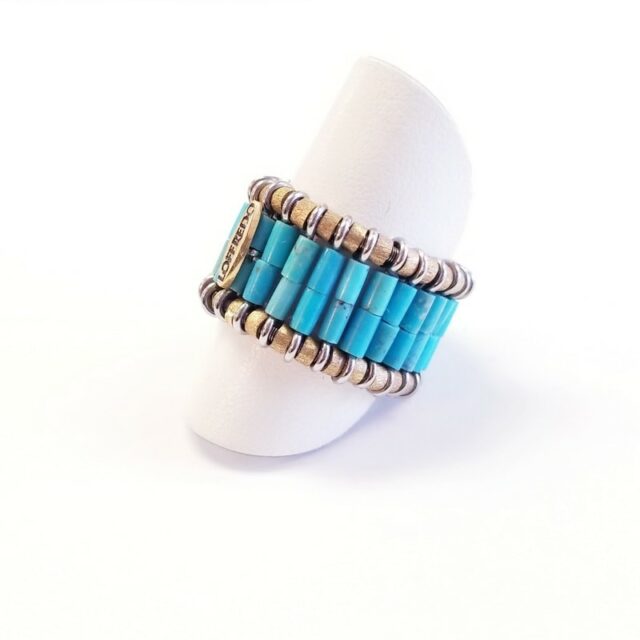 Loffredo 18K Yellow Gold and Stainless Steel Stretchable Band Ring with Natural Turquoise