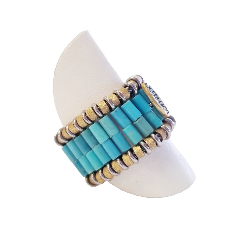 Loffredo 18K Yellow Gold and Stainless Steel Stretchable Band Ring with Natural Turquoise