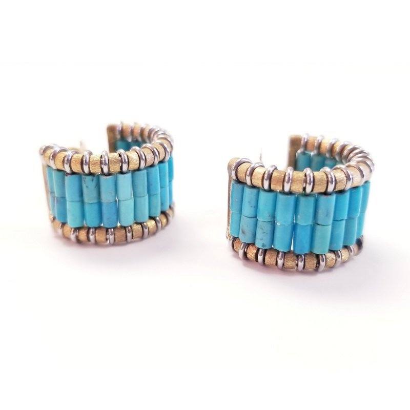 Loffredo 18K Yellow Gold And Stainless Steel Wide Hoop Turquoise Earrings