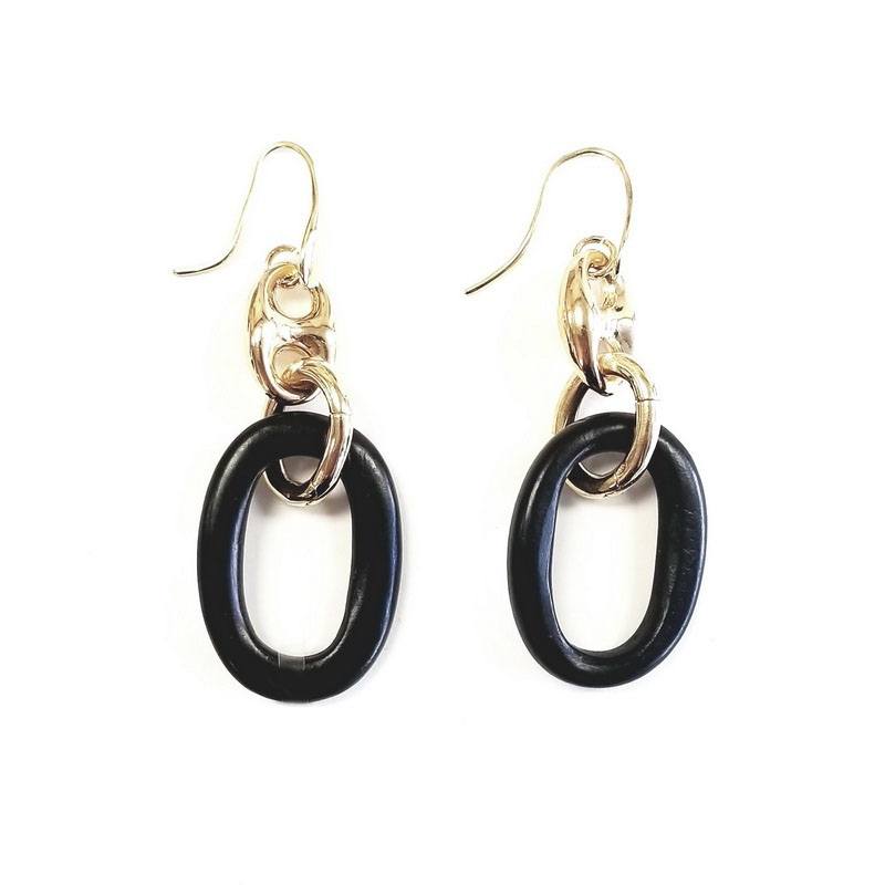 Micheletto Gold Plated 925 Sterling Silver Black Oval Hoop Earrings