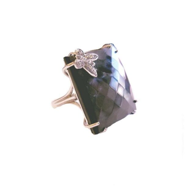 Moraglione 18K White Gold Large Cocktail Ring with Square Grey Genuine Mother of Pearl and Genuine Diamonds