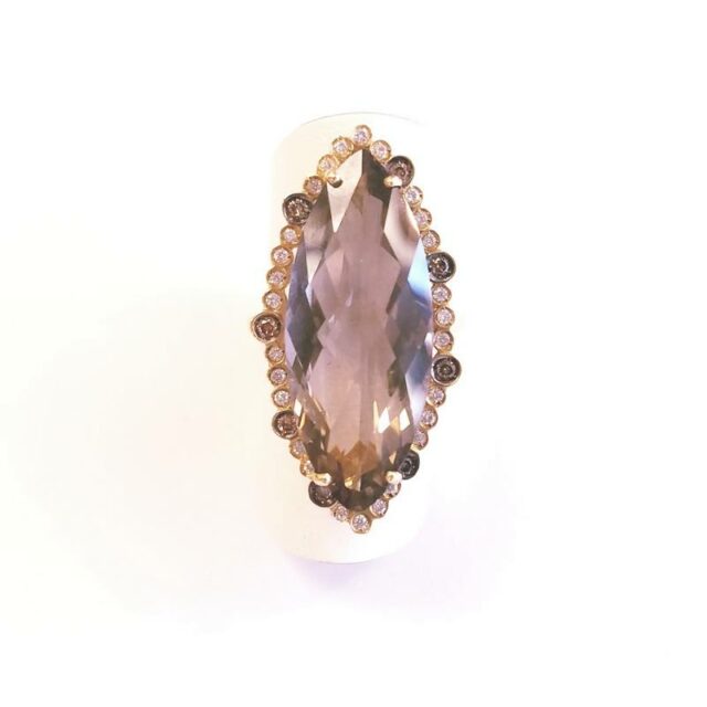 Moraglione 18K Yellow Gold Large Marquise Cocktail Ring with Smoky Topaz and Genuine Diamonds