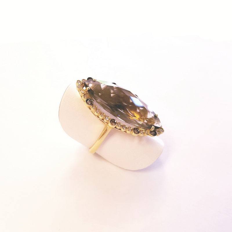 Moraglione 18K Yellow Gold Large Marquise Cocktail Ring with Smoky Topaz and Genuine Diamonds