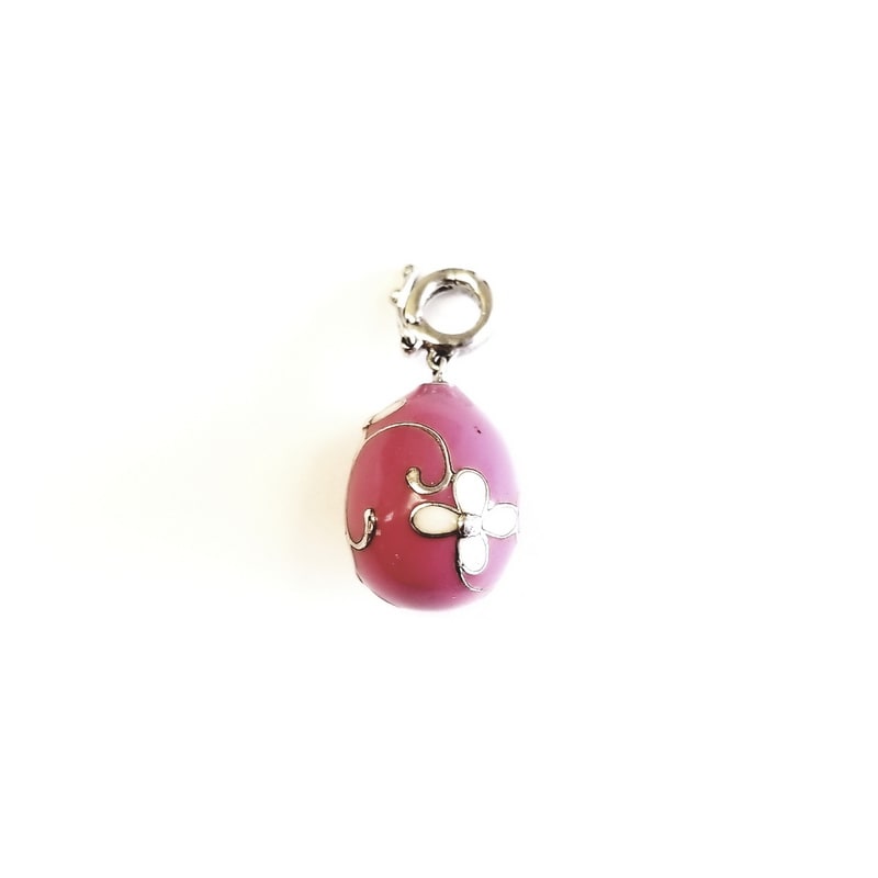 Pink Enamel Covered Sterling Silver Egg Charm with Flower Embellishments
