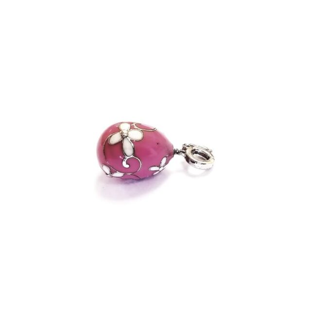 Pink Enamel Covered Sterling Silver Egg Charm with Flower Embellishments