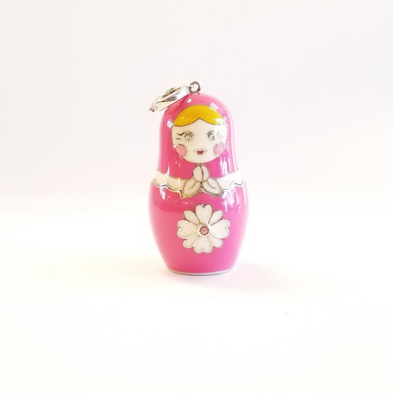 Pink Enamel Covered Sterling Silver Russian Doll with Central Pink Sapphire